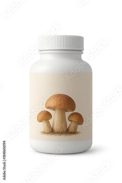 Fototapeta Natural Mushroom Extract Supplement Bottle Isolated on Transparent Background for Wellness Product Mockup, Clean Label Packaging, and Herbal Branding, Herbal Mushroom Supplement Bottle, PNG