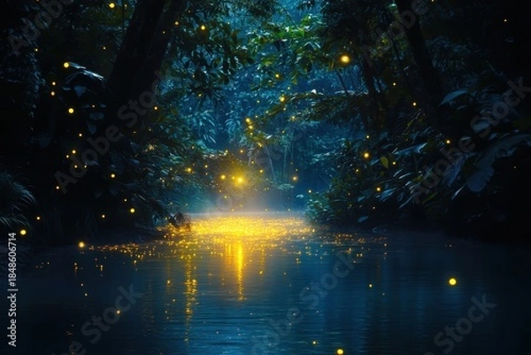 Obraz Enchanted river scene aglow with fireflies