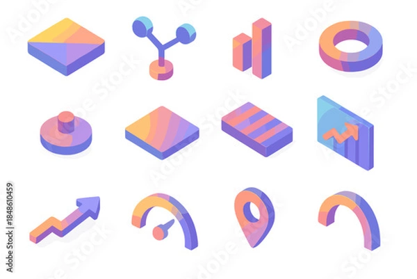 Obraz Colorful Probability Icons. Uncertainty Field Concepts flat isometric set: probability tile, outcome node, stochastic bar, risk ring, event cue dot, gradient patch, random variable