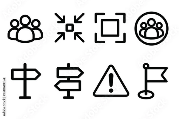 Fototapeta Symbolic Meeting Icons. Meeting point symbols linear set: group circle, focus arrows, safe area square, assembly badge, route sign, guiding board, caution indicator, location flag.