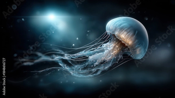Fototapeta jellyfish swimming against a black background