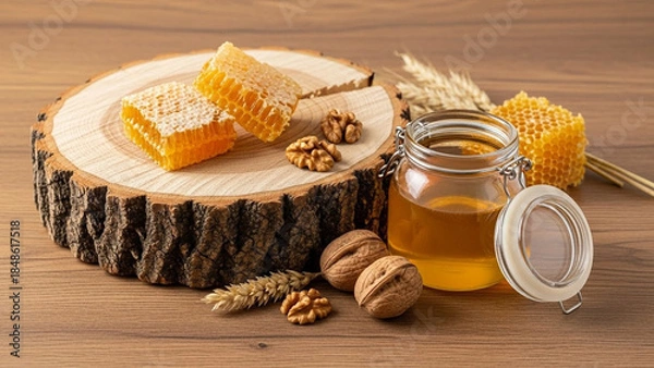 Obraz 蜂蜜と木の幹、シンプルな背景素材、合成用写真素材、原材料