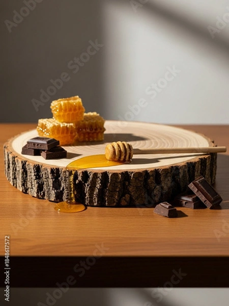 Obraz チョコと蜂蜜と木の幹、シンプルな背景素材、合成用写真素材