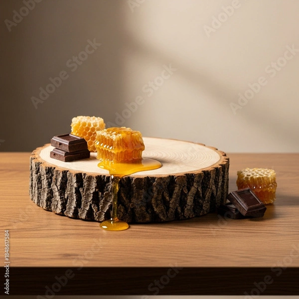 Obraz チョコと蜂蜜と木の幹、シンプルな背景素材、合成用写真素材
