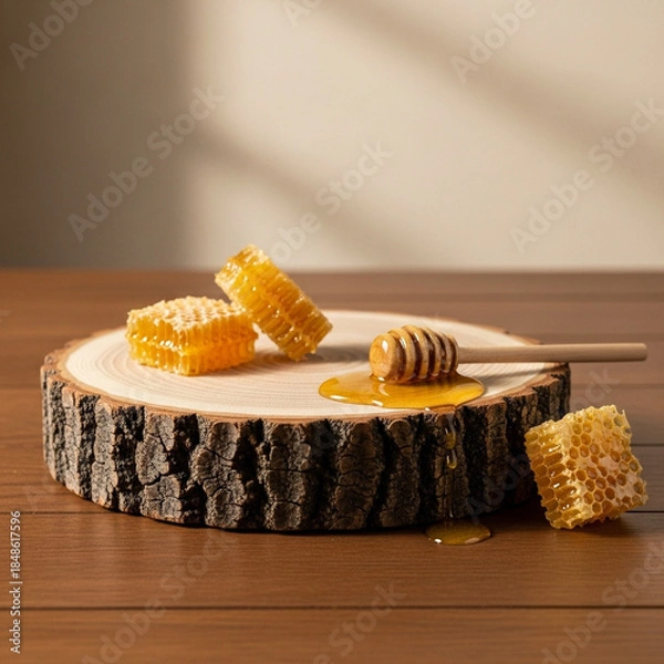 Obraz 蜂蜜と木の幹、シンプルな背景素材、合成用写真素材