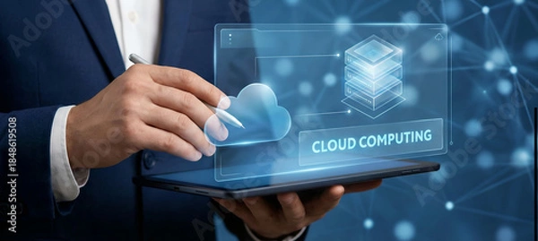 Obraz Cloud computing data storage icons with glowing digital hologram