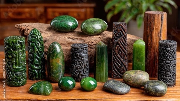 Fototapeta Jade and other greenstone carvings and polished stones sit on a wooden surface, presenting a collection of artistic and natural stone specimens