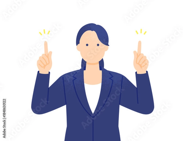 Obraz 広告やメッセージを配置できる空白を指差すビジネスパーソン。両手で掲示するスーツ姿の女性。