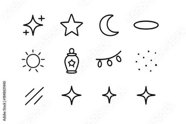 Obraz Soft Night Icons. Soft night sparkles. Line outline icon set of Soft night sparkles: sparkle burst, star, moon
