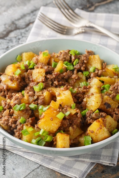 Obraz One pan ground beef and potatoes is cozy, savory and tasty closeup on the plate on the table. Vertical