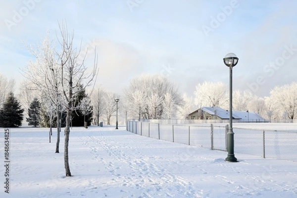Obraz Frosted Trees and a Snow Covered Park on a Winter Morning in Lac-Megantic, Quebec, Canada