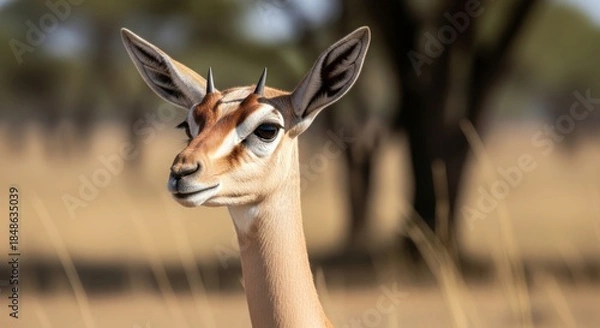 Obraz Gerenuk standing upright on hind legs while browsing leaves from tall shrubs. A unique African antelope known for its long neck, slender body, and graceful posture.