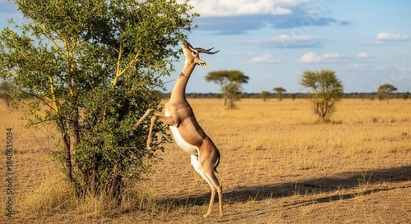 Obraz Gerenuk standing upright on hind legs while browsing leaves from tall shrubs. A unique African antelope known for its long neck, slender body, and graceful posture.