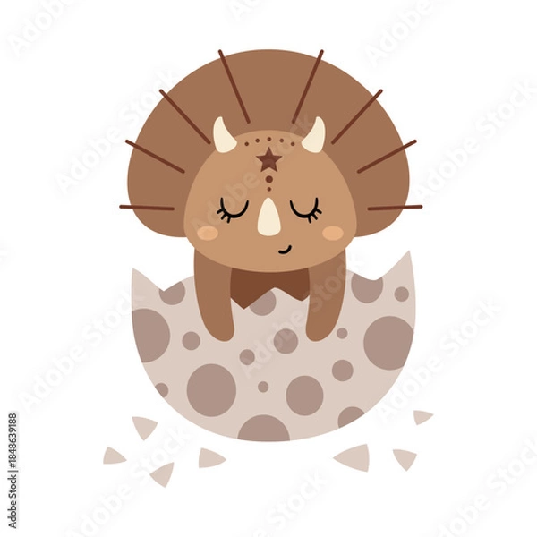 Obraz Cute dinosaur triceratops in egg, isolated prehistoric animal clipart in pastel color. Vector graphics