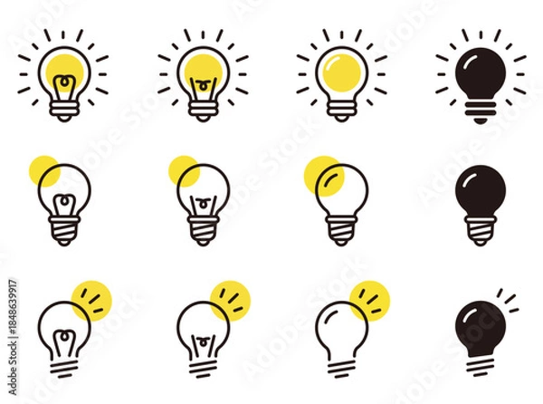 Obraz 電球のアイコンセット。アイディアやひらめきのイラスト。ランプのロゴ。Light bulb icon set.