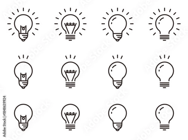 Obraz 電球のアイコンセット。アイディアやひらめきのイラスト。ランプのロゴ。Light bulb icon set.