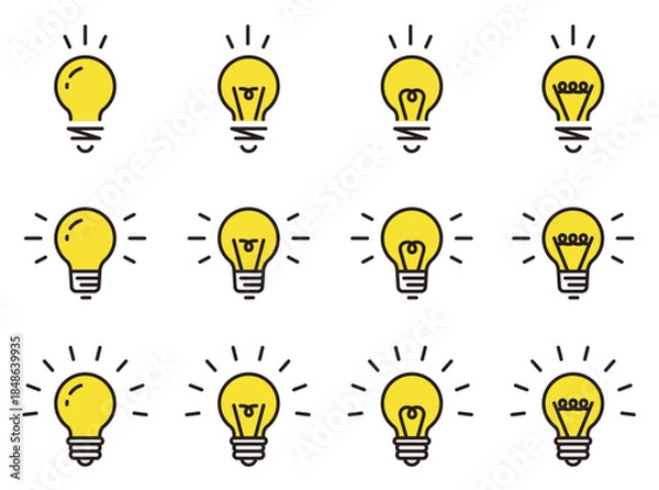 Obraz 電球のアイコンセット。アイディアやひらめきのイラスト。ランプのロゴ。Light bulb icon set.