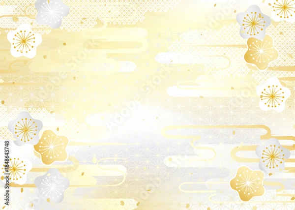 Obraz 日本の伝統模様を組み合わせた華やかな着物柄のような金銀の背景イラスト