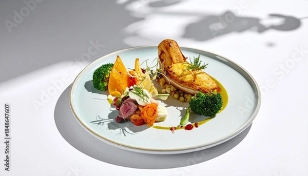 Fototapeta Delicious gourmet dish with seafood and vegetables on plate