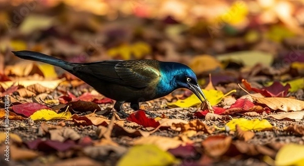 Obraz Grackle perched on a branch with glossy black feathers and piercing yellow eyes. An intelligent passerine bird commonly found in urban and wetland environments.