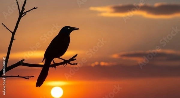 Obraz Grackle perched on a branch with glossy black feathers and piercing yellow eyes. An intelligent passerine bird commonly found in urban and wetland environments.