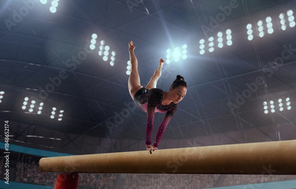 Fototapeta A gymnast performs a difficult trick on a balance beam.