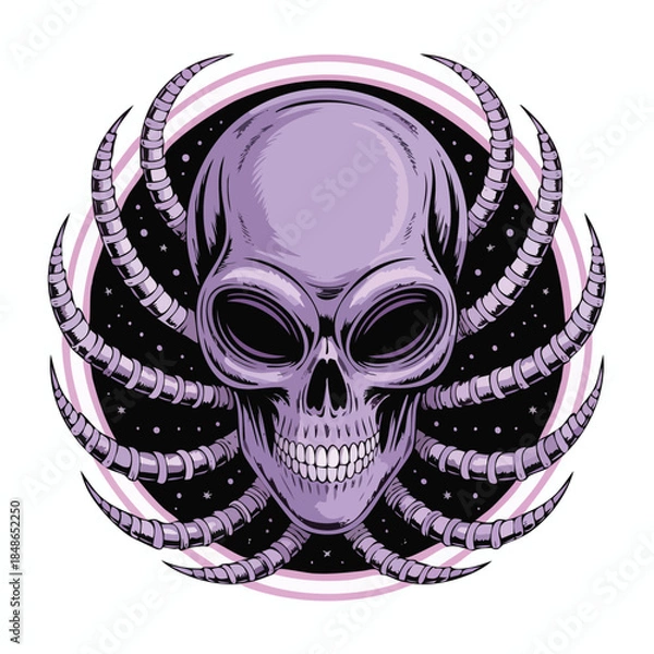 Fototapeta Purple demon skull with horned spiked frame.