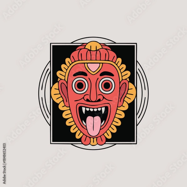 Fototapeta Red demon mask with protruding tongue and fangs.