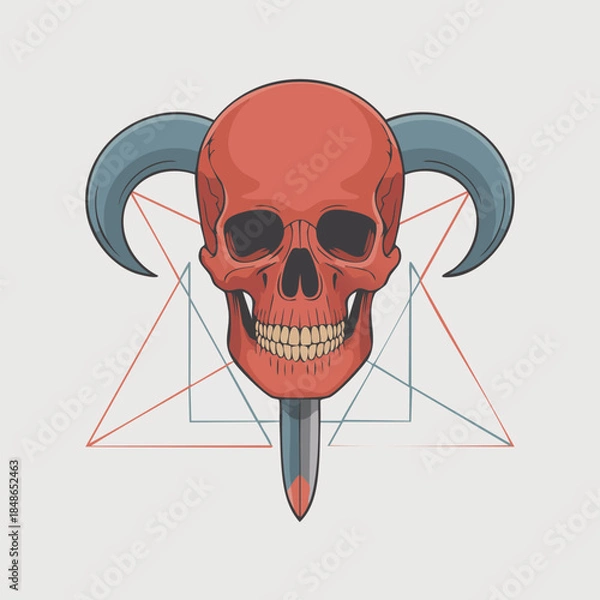 Fototapeta Red Skull with Ram Horns and Dagger Emblem.