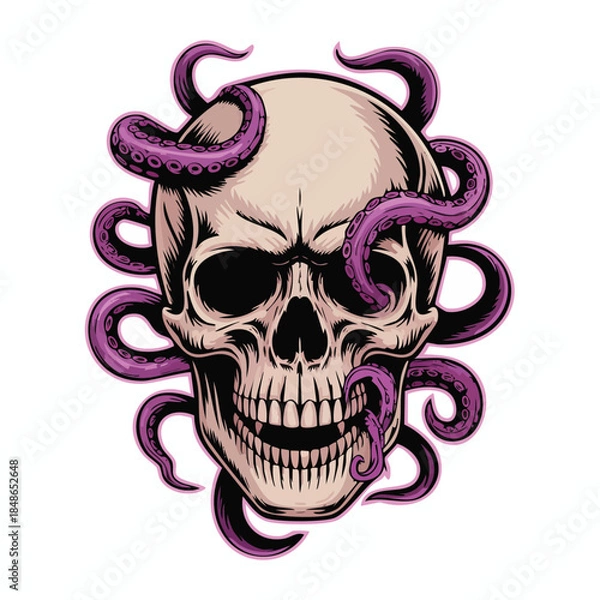 Fototapeta Skull with Purple Tentacles An Intricate Nightmarish Illustration.
