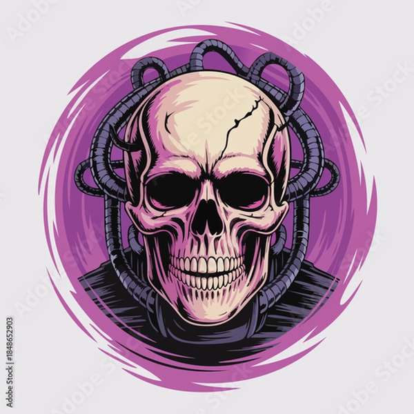 Fototapeta Stylized skull illustration with metallic rings and purple aura.