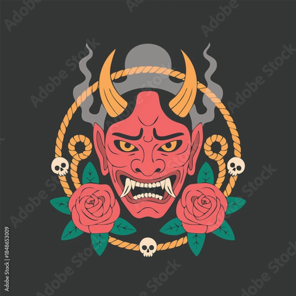 Fototapeta Vibrant Oni Demon Mask Head with Horns Roses and Skulls.