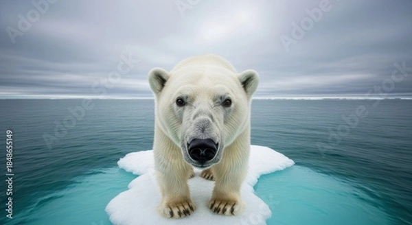 Fototapeta Polar Bear Standing Head-On On A Small Ice Floe In The Arctic Ocean Under A Cloudy Sky