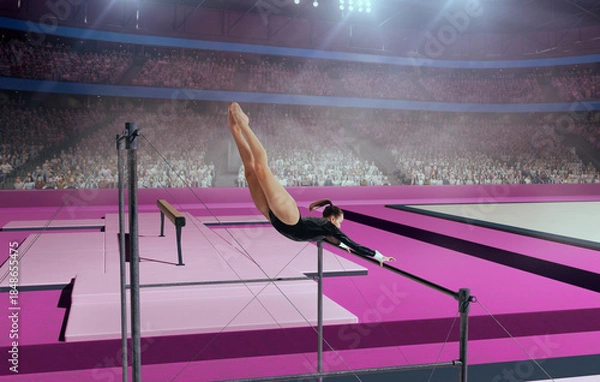 Fototapeta A gymnast performs a difficult trick on a horizontal bar.