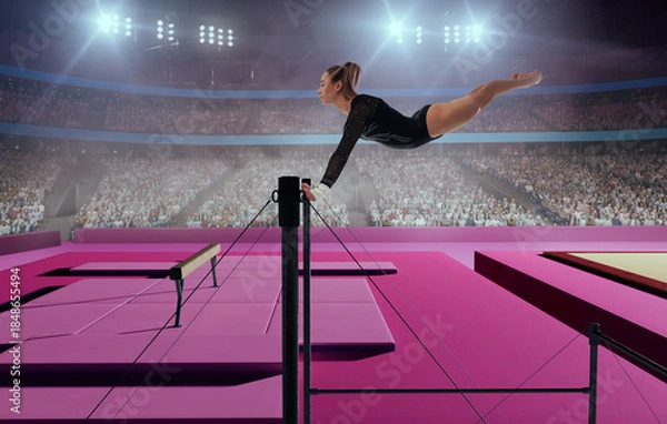 Fototapeta A gymnast performs a difficult trick on a horizontal bar.