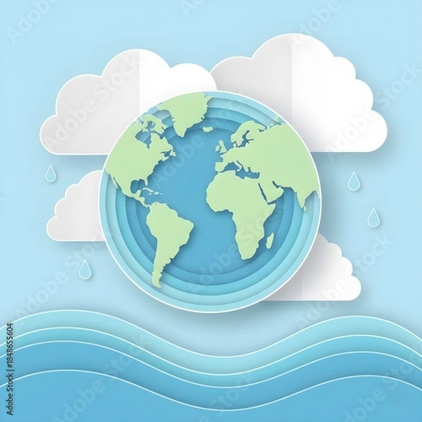 Obraz Paper Cut Earth with Clouds and Raindrops