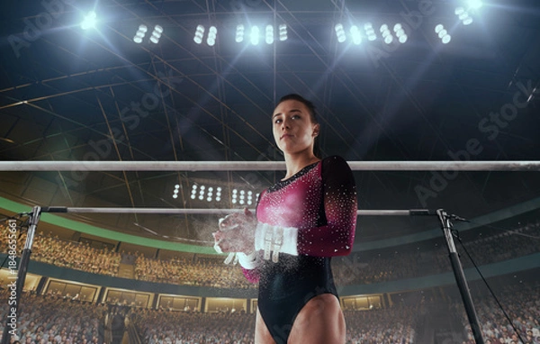 Fototapeta A gymnast performs a difficult trick on a horizontal bar.