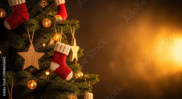 Fototapeta Festive Christmas Tree Decorated With Red Knitted Stockings And Warm Golden Lights