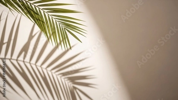 Obraz palm leaf and shadow on neutral wall casting geometric pattern sunlight on surface creating minimalist backdrop for design
