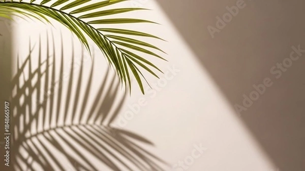 Obraz palm leaf and shadow on neutral wall casting geometric pattern sunlight on surface creating minimalist backdrop for design