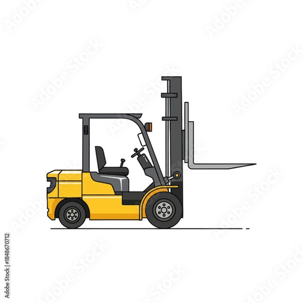 Obraz Illustration of a yellow forklift with black seats and gray steering wheel showing side profile