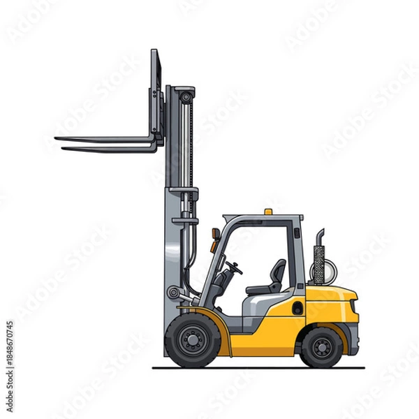 Obraz Modern yellow forklift truck with lifting mast and operator cabin for industrial material handling