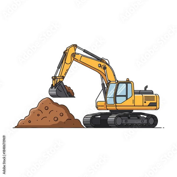 Obraz Illustration of a yellow excavator operating on a construction site with a pile of dirt during