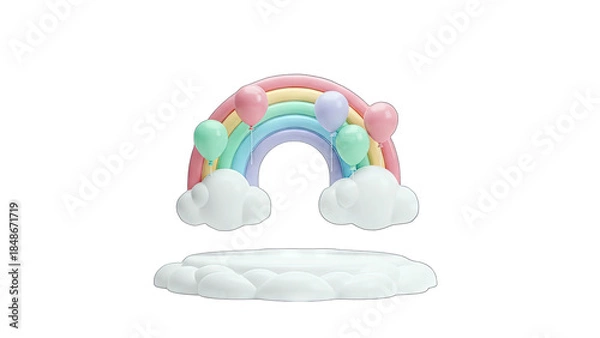Obraz 3D Rainbow with Balloons and Cloud Platform on White