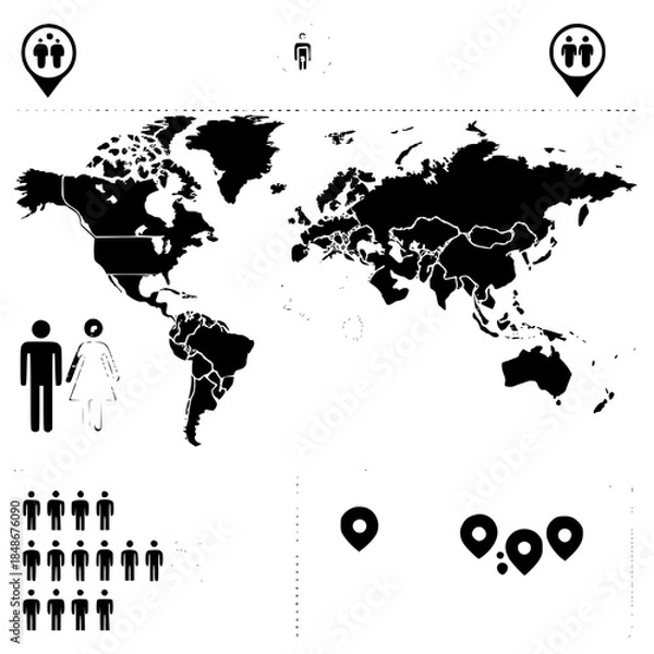 Obraz The picture is a graphic representation of a world map with population-related icons. 