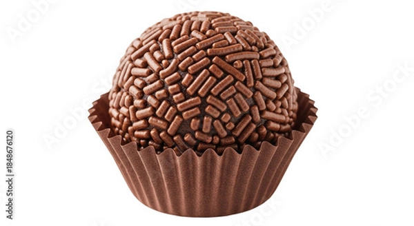 Fototapeta Single chocolate brigadeiro in a brown paper cup isolated on a transparent background