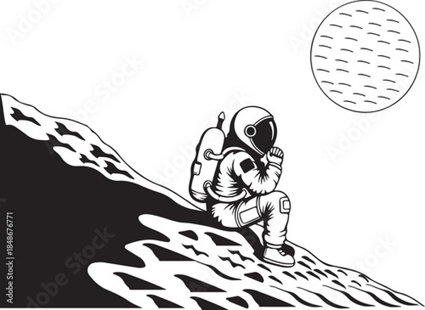 Fototapeta Astronaut Resting on a Rocky Lunar Landscape, Contemplating the Cosmos Vector Art
