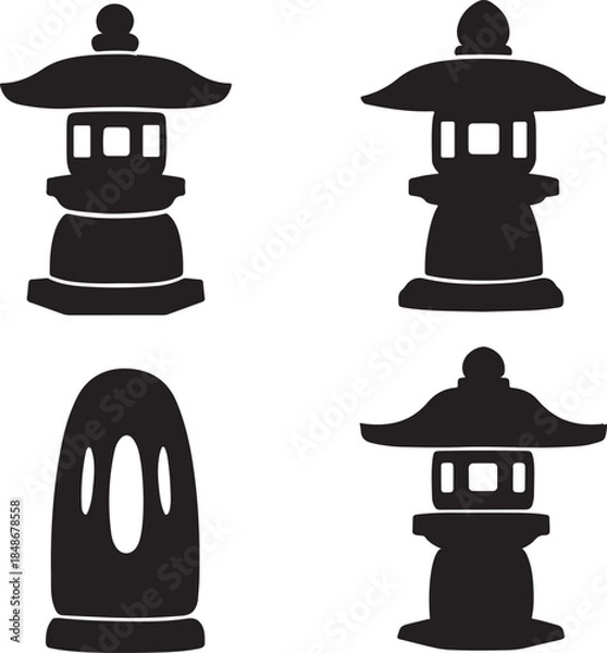 Fototapeta Traditional Japanese Stone Lanterns Silhouette Vector Design Set for Oriental Garden Elements and Cultural Icons