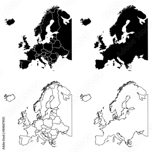 Obraz Europe with Russia Outline and Solid Fill Map Set.