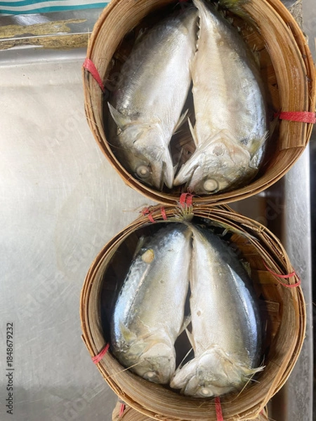 Obraz Fresh thai mackerel in blamboo basket